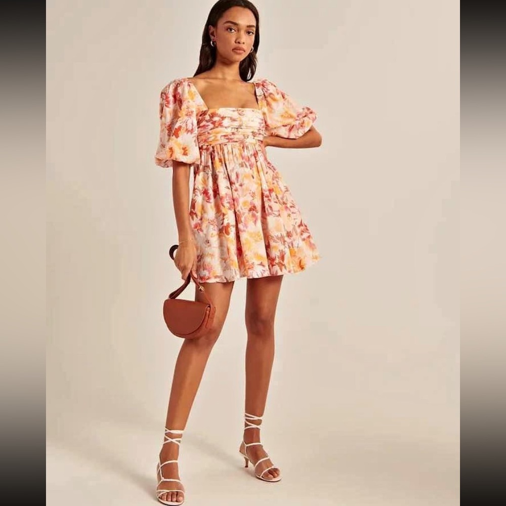 Abercrombie & Fitch Ruched Bodice Puff Sleeve Mini Dress